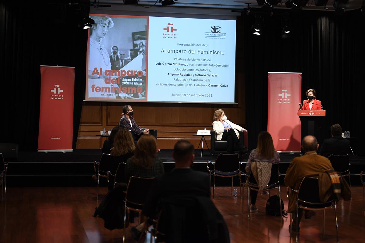 18/03/2021. Calvo, en la presentación del libro "Al amparo del feminismo". La vicepresidenta del Gobierno, ministra de la Presidencia, Relac...