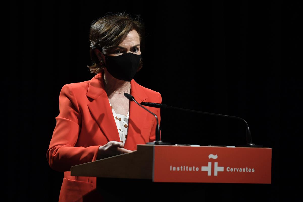 18/03/2021. Calvo, en la presentación del libro "Al amparo del feminismo". La vicepresidenta del Gobierno, ministra de la Presidencia, Relac...